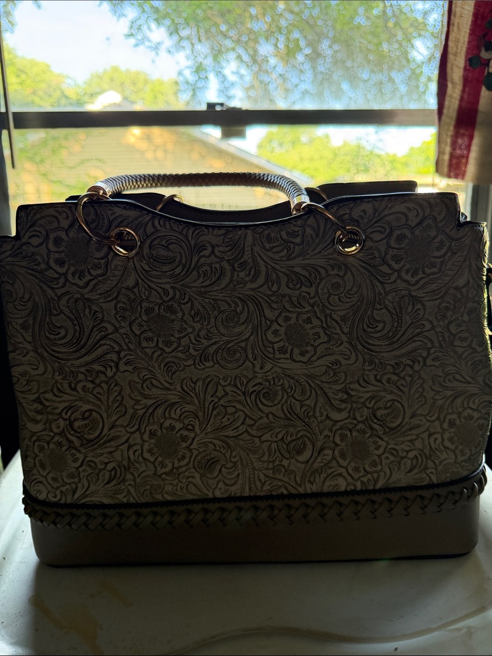 Elegant Embossed Floral Tote Bag - Neutral Taupe